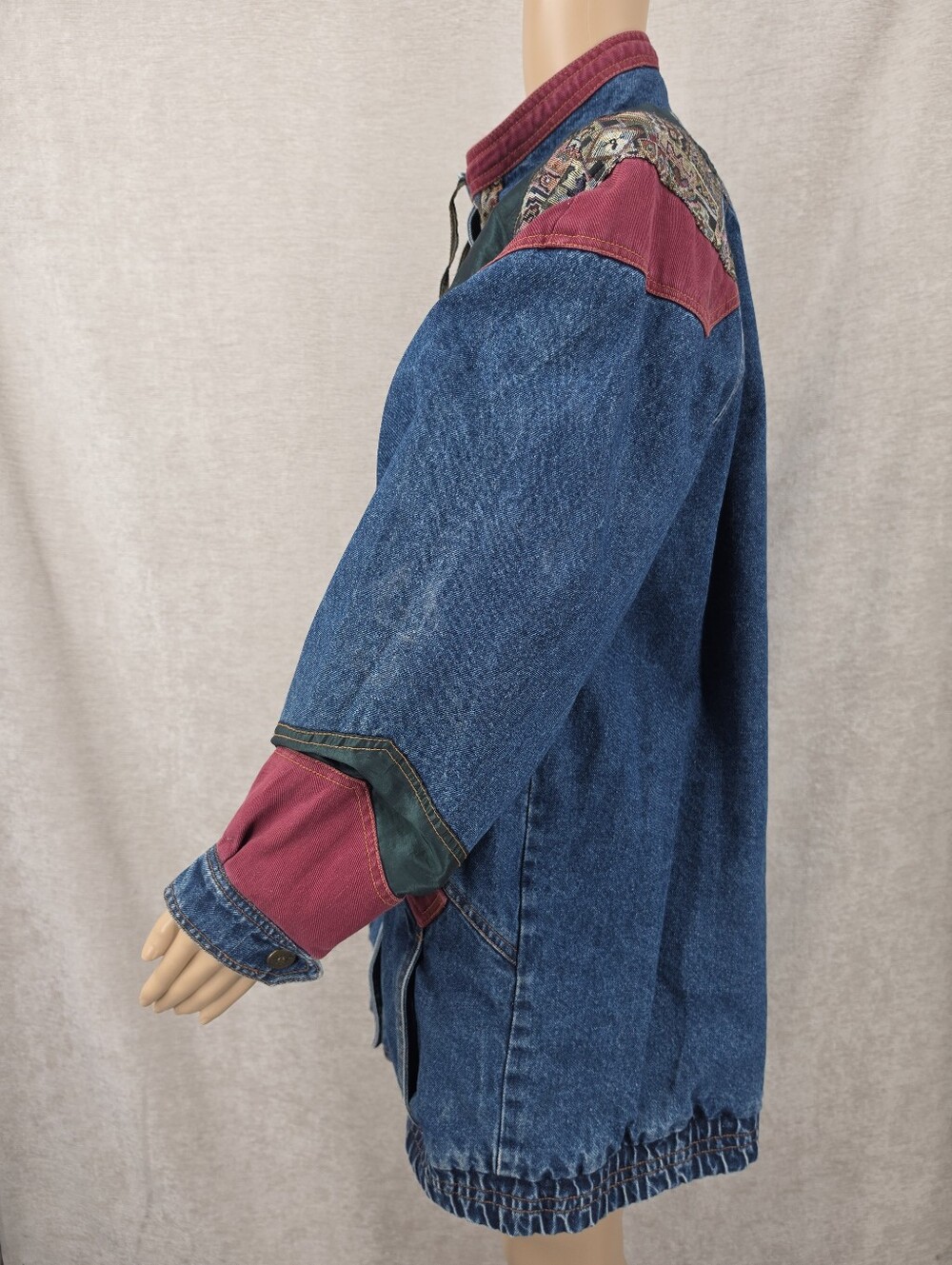 Vintage Denim Blue Jean Oversized Jacket Aztec Tapestry Corduroy Patchwork - Picture 4 of 14